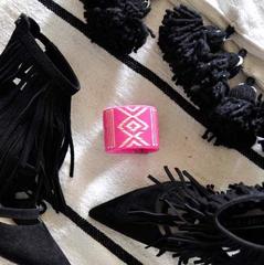 Colombian Cana Flecha Pink Cuff by Colombiart and Moroccan Black and White Pom Pom Blanket by Maslouhi - The Fashion Cape