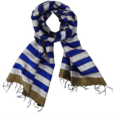 Navy and White Raw Silk Scarf - India