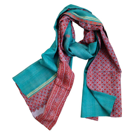 Turquoise & Cherry Kantha Scarf - India