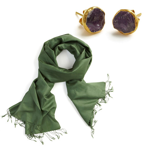 Sage Green Silk Scarf + Gold Plate Amethyst Studs - Afghanistan