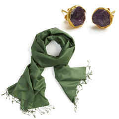 Sage Green Silk Scarf + Gold Plate Amethyst Studs - Afghanistan