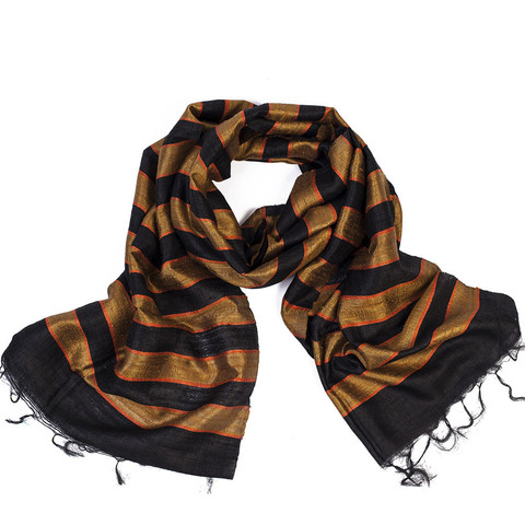 Black & Gold Striped Raw Silk Scarf - India