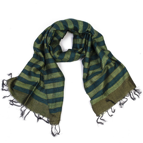 Green Striped Raw Silk Scarf - India