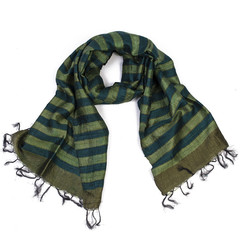 Green Striped Raw Silk Scarf - India