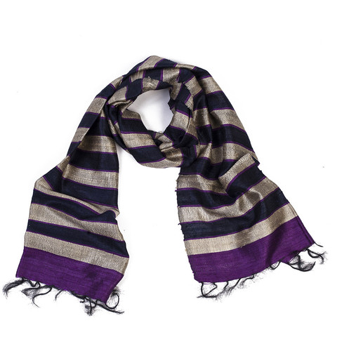 Navy & Purple Raw Silk Scarf - India