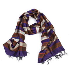 Purple & Gold Striped Raw Silk Scarf - India